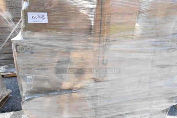 Pallet of 30 boxed items wrapped in plastic; includes scratch and dent plasticware and gloves. Visible label with lot info.