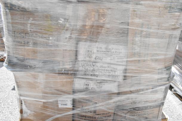 Large pallet with wrapped boxes labeled as ice bags and dispenser napkins, scratch and dent condition.