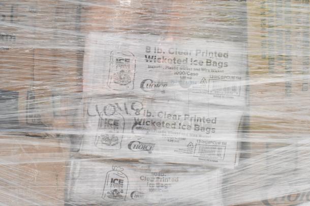 Shrink-wrapped pallets with Choice brand 8 lb. clear printed wicketed ice bags, 1000 per case, visible markings and labels.