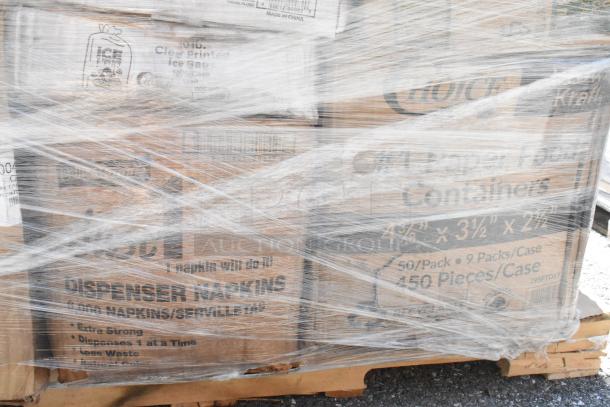 27 brand new scratch and dent items on a pallet, including to-go containers, paper towels, hot cups, napkins, plates, and portion cups. Boxes labeled and shrink-wrapped.