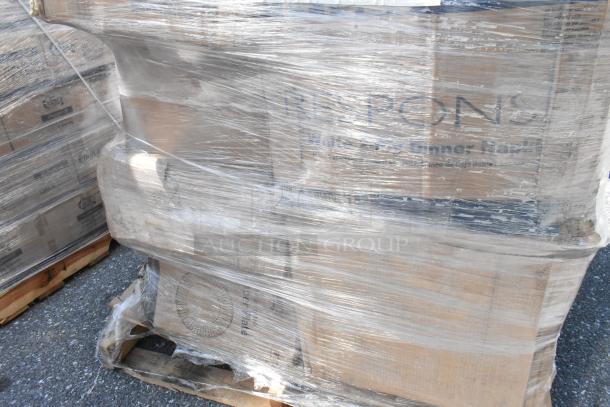 Pallet of wrapped items including to-go containers, paper towels, hot cups, napkins, plates, portion cups, some with visible labels.