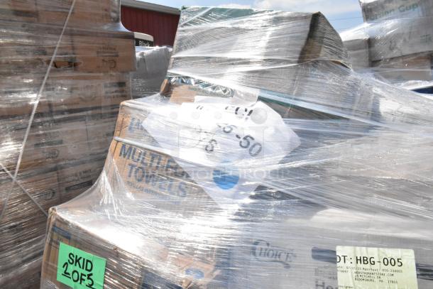Pallet of 27 scratch and dent items, including to-go containers, paper towels, hot cups, napkins, plates, and portion cups, wrapped in plastic. Visible labels indicate shipping information and skid number.