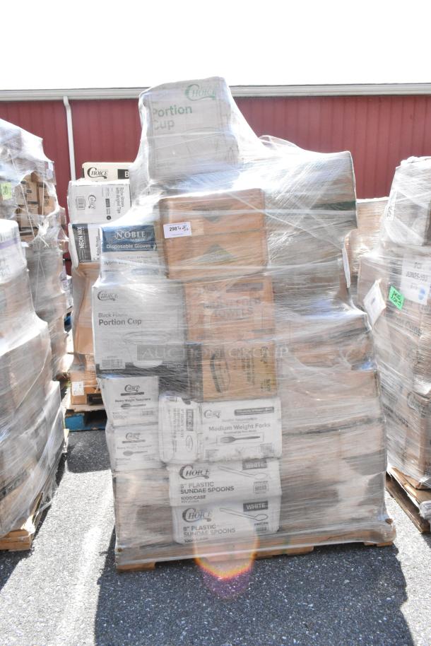 Pallet with 32 boxes of assorted items including Choice plastic forks, spoons, and Noble gloves, still sealed in plastic wrap.