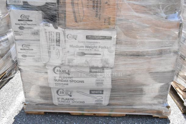Pallet of 32 cartons containing plastic forks, spoons, and gloves, brand new scratch and dent, wrapped for shipping.