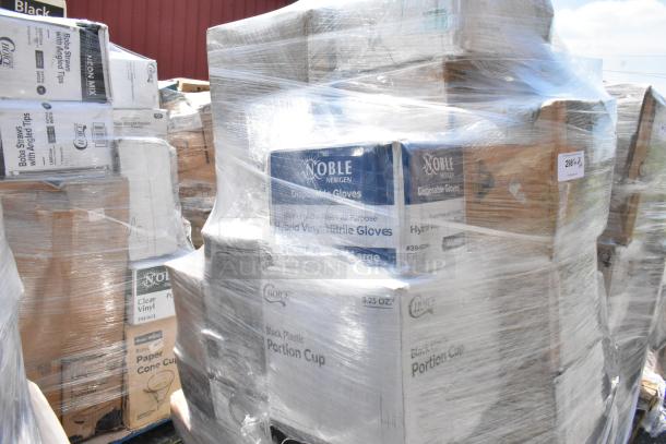 32 boxes of mixed brand new items including Noble gloves, plastic forks, and spoons, shrink-wrapped on pallets.