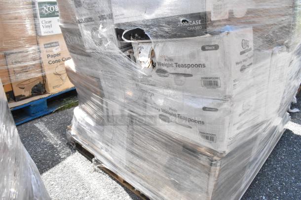 Shrink-wrapped pallet with boxes labeled "Heavy Weight Teaspoons" and others, marked "2500/CASE CHA580." Pallet of plastic utensils.