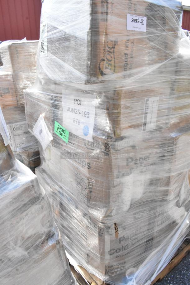 Pallet with wrapped boxes labeled "PCI" and "Skid 4," showing variety of new scratch and dent items.