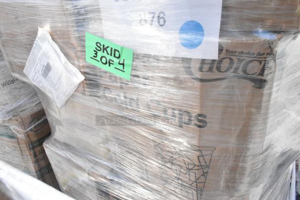 Pallet wrapped in plastic containing various boxes labeled with "Choice" and "Cold Cups," marked as "Skid 3 of 4."