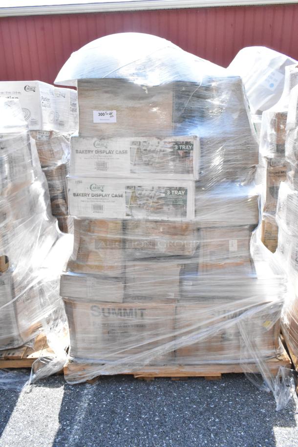 Pallet of 25 assorted new items shrink-wrapped, including Choice bakery display cases and Summit containers.
