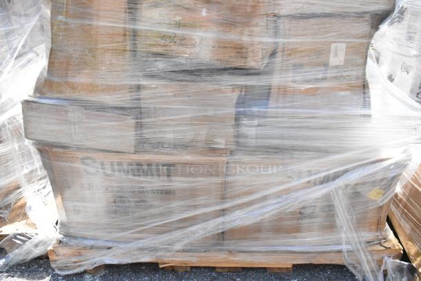 Pallet with shrink-wrapped boxes marked "SUMMIT PACKAGING SYSTEMS" containing various scratch and dent items.