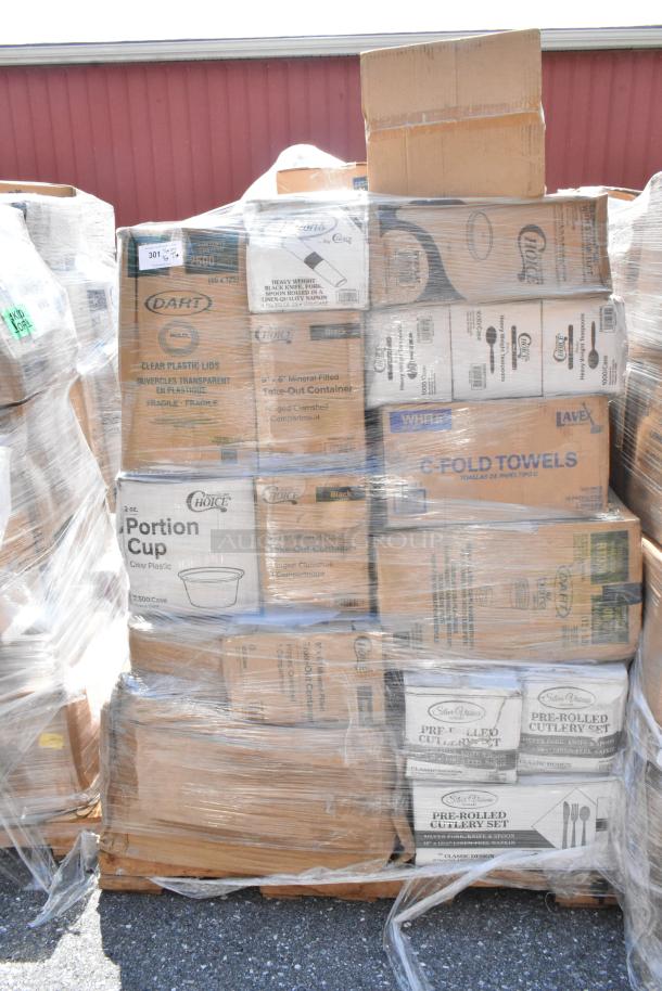Pallet of boxed items including brand new lids, cutlery sets, cups. Boxes show labels such as Dart and Choice. Pallet wrap intact.
