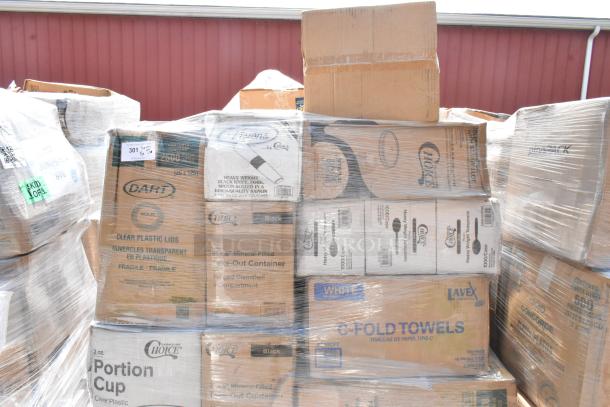Boxes of new scratch and dent items, including Choice clear plastic lids, cutlery sets, cups, wrapped on pallets.