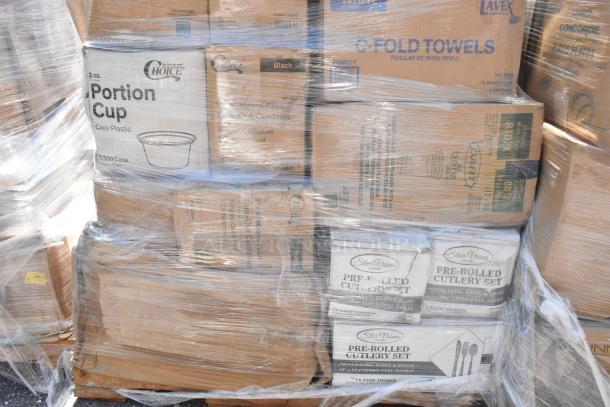 Pallet of 30 new scratch and dent items including portion cups, pre-rolled cutlery sets, and C-fold towels, wrapped in plastic.