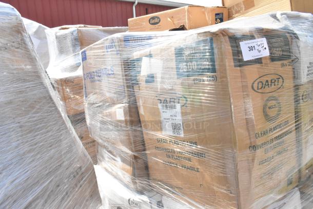 Pallet of sealed boxes labeled "DART" and "Barilla," containing scratch and dent lids, cutlery sets, and cups.
