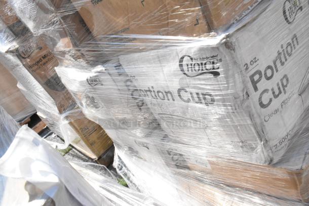 Plastic-wrapped pallets of Choice brand portion cups labeled "scratch and dent," featuring various packaging for cups and cutlery sets.