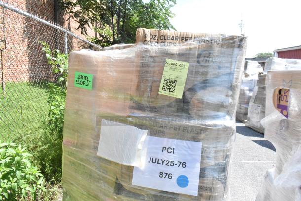 24 brand new scratch and dent items in shrink-wrapped pallet. Includes various disposable containers and more. Tags visible.