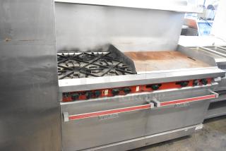 Vulcan stainless steel commercial gas range featuring four burners, right-side flat top griddle, convection and standard oven, with over shelf and backsplash.