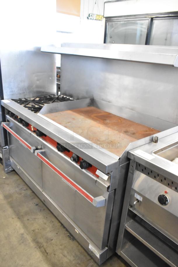 Vulcan stainless steel gas-powered commercial range with 4 burners, right side griddle, convection and standard ovens, overshelf, and backsplash.