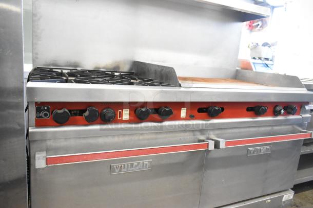 Vulcan stainless steel 4-burner gas range with right-side griddle, convection and standard ovens, over shelf, and backsplash.
