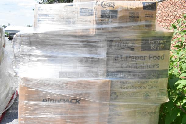 Plastic-wrapped pallet of mixed items including Choice paper food containers and PinnPACK boxes in various sizes.