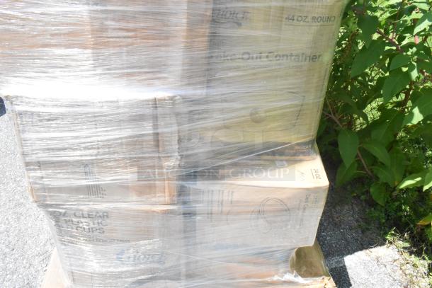 Pallet of 22 new scratch and dent items, including plastic spoons, trash bags, portion cups, containers, wrapped in plastic.