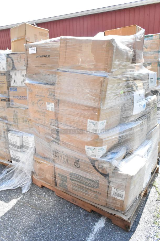 Pallet of assorted scratch and dent items, wrapped in plastic. Includes boxes of various supplies like plastic spoons and containers.