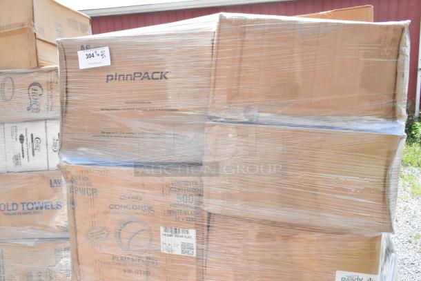 Boxes of assorted new items wrapped on a pallet including plastic spoons, cold cups, and packaging materials. Labels and codes visible.