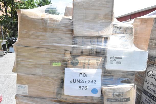 Plastic-wrapped pallet with boxes of new scratch and dent items, including plastic spoons and cold cups. Labels visible.