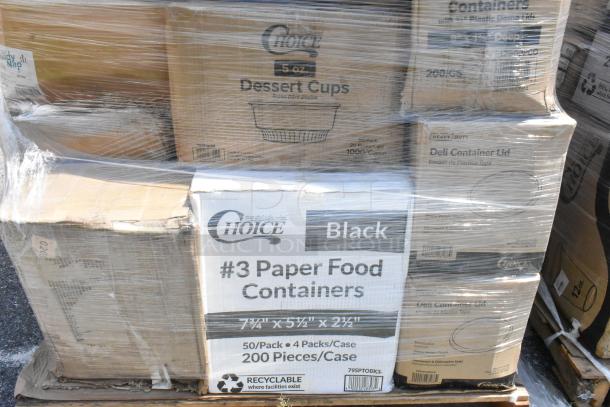 Pallet with various new food containers, including Choice brand dessert cups and paper food containers, wrapped in plastic.