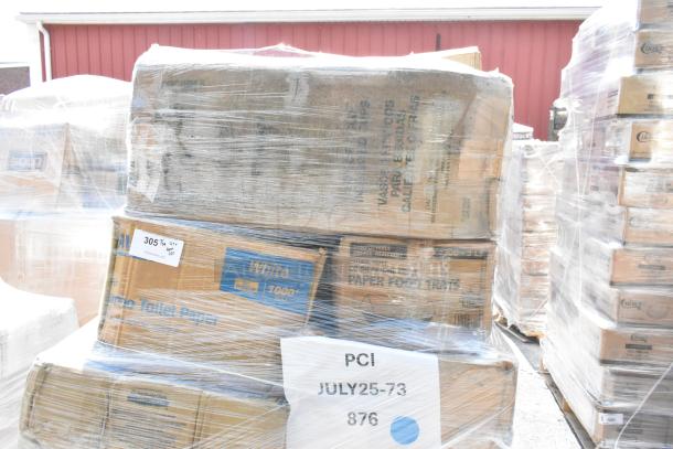 New scratch and dent lot with lids, to-go containers, coffee bags, food trays, towels; stack wrapped in plastic.