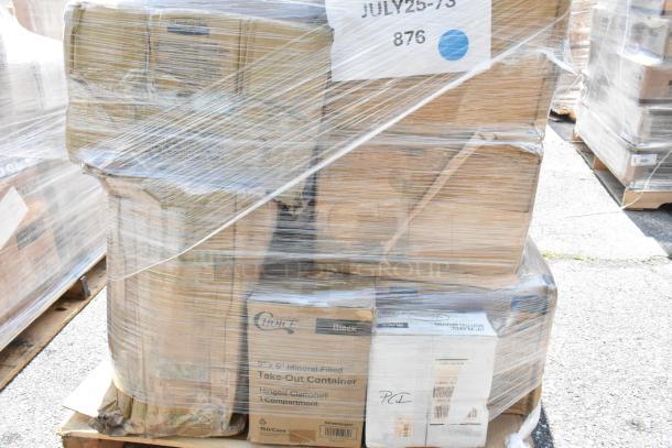Pallet wrapped with scratch and dent items, including take-out containers and coffee bags. Cases are partly visible.