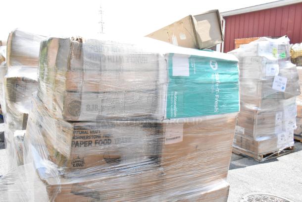 Pallet of assorted sealed boxes containing lids, to-go containers, coffee bags, food trays, and towels, scratch and dent condition.