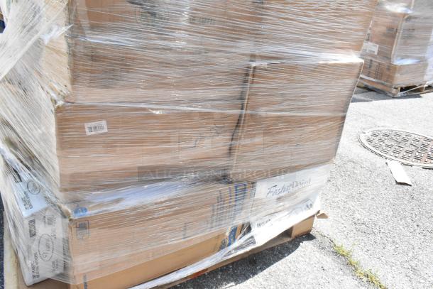 Pallet of 20 new scratch and dent items wrapped in plastic, including containers and bags. Labels partially visible.