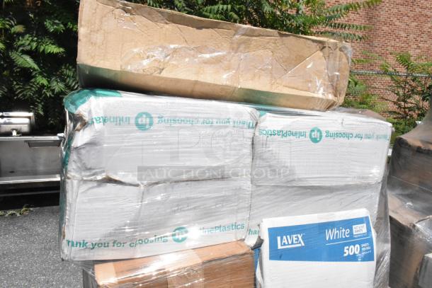 Bulk lot of 20 brand new items including lids, containers, coffee bags, food trays, and towels. Visible "Lavex" label.