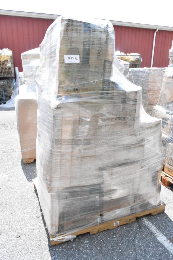 Pallet of 22 new scratch and dent items wrapped in plastic, including hot cups and to-go containers. 22 times your bid.