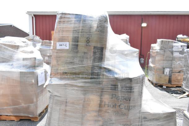 Shrink-wrapped pallet of 22 brand new scratch and dent items: plastic spoons, trash bags, hot cups, to-go containers, deli wrap.
