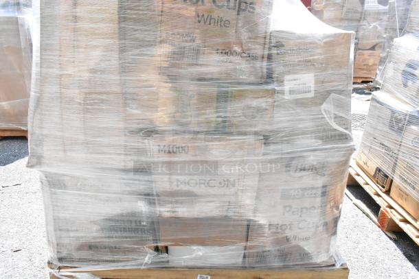 Pallet of 22 assorted new "scratch and dent" items including plastic spoons, trash bags, hot cups, and containers, wrapped in plastic.
