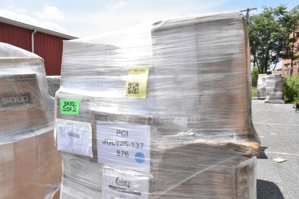 Pallet of 22 brand new scratch and dent items including plastic spoons, trash bags, hot cups, to-go containers, and deli wrap, wrapped in plastic with visible labels and QR codes.