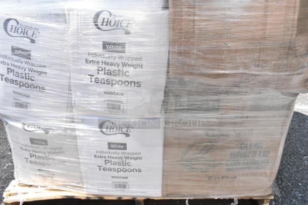 22-brand-new scratch and dent items on a pallet, including Choice plastic teaspoons. Packaged in wrapping.