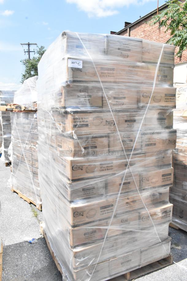 Pallet of 100 boxes of 407WMCLB Choice wide mouth lids and bands for canning jars, wrapped in plastic, scratch and dent condition.