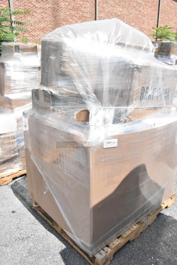 Pallet with 15 new scratch and dent items, wrapped in plastic, includes foam cups and aluminum foil. Lot number 308 visible.