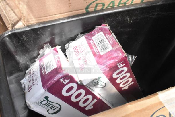 15 brand new scratch and dent items including multiple 18"x1000' heavy-duty aluminum foil rolls in packaging.
