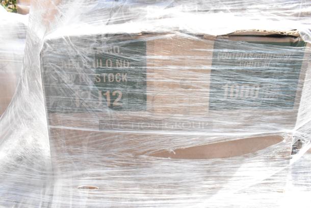Shrink-wrapped pallet with labeled cardboard boxes, indicating brand new scratch and dent items like foam cups and aluminum foil.
