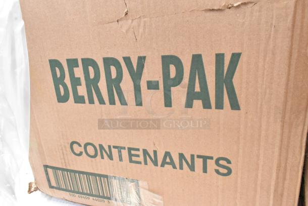 Cardboard box labeled "BERRY-PAK CONTENANTS," showing wear. Includes brand new scratch-and-dent foam cups, aluminum foil.