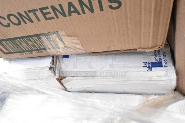 Cardboard box labeled "CONTENANTS" and "1st Value Food Trays" containing 15 scratch and dent items, wrapped in plastic.