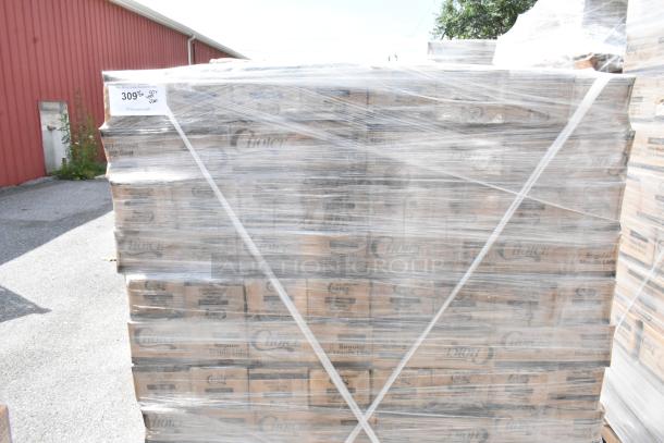 Stacked boxes of 407REGCL Choice Regular Mouth Lids, wrapped for shipping, label notes "309% PTV." Scratch and dent condition.