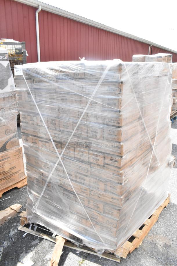 Pallet of 500 boxes of Choice 407REGCL canning lids, regular mouth, scratch and dent, wrapped in plastic, outdoors.