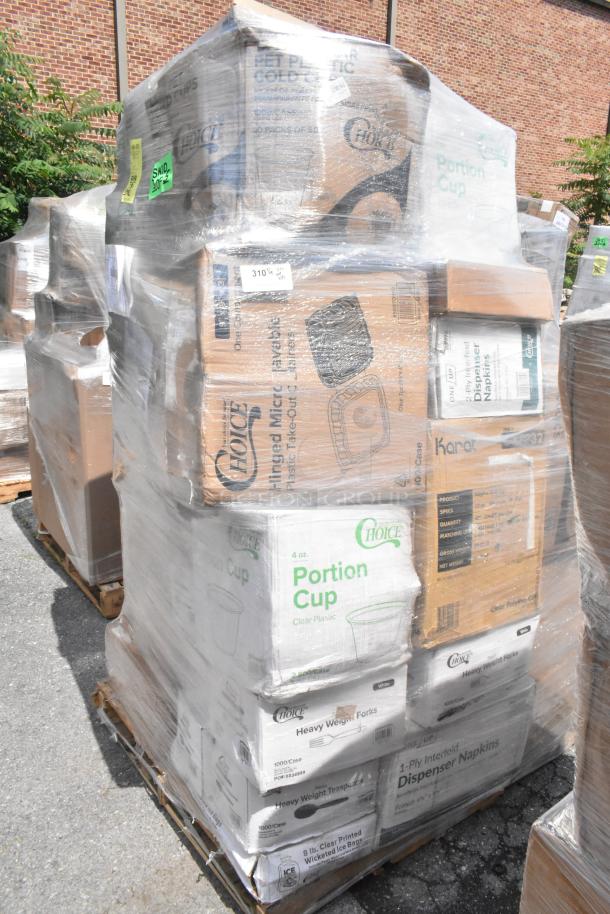 Pallet of 25 new scratch and dent items, including trash bags, cups, T-shirt bags, to-go containers, and spoons, wrapped.