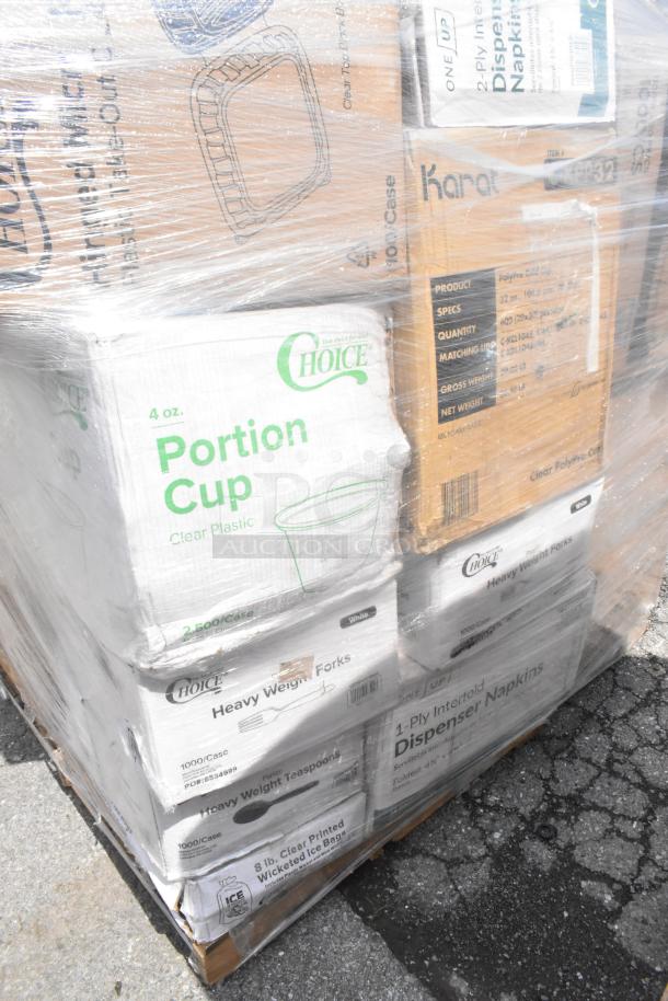 Pallet of 25 scratch and dent items including Choice portion cups, heavy weight forks, dispenser napkins, and T-shirt bags.
