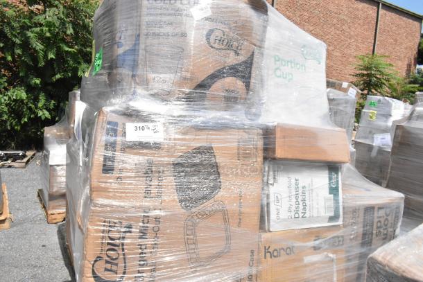 Pallet with 25 brand-new scratch and dent items, including trash bags, cold cups, T-shirt bags, plastic spoons, wrapped in plastic.